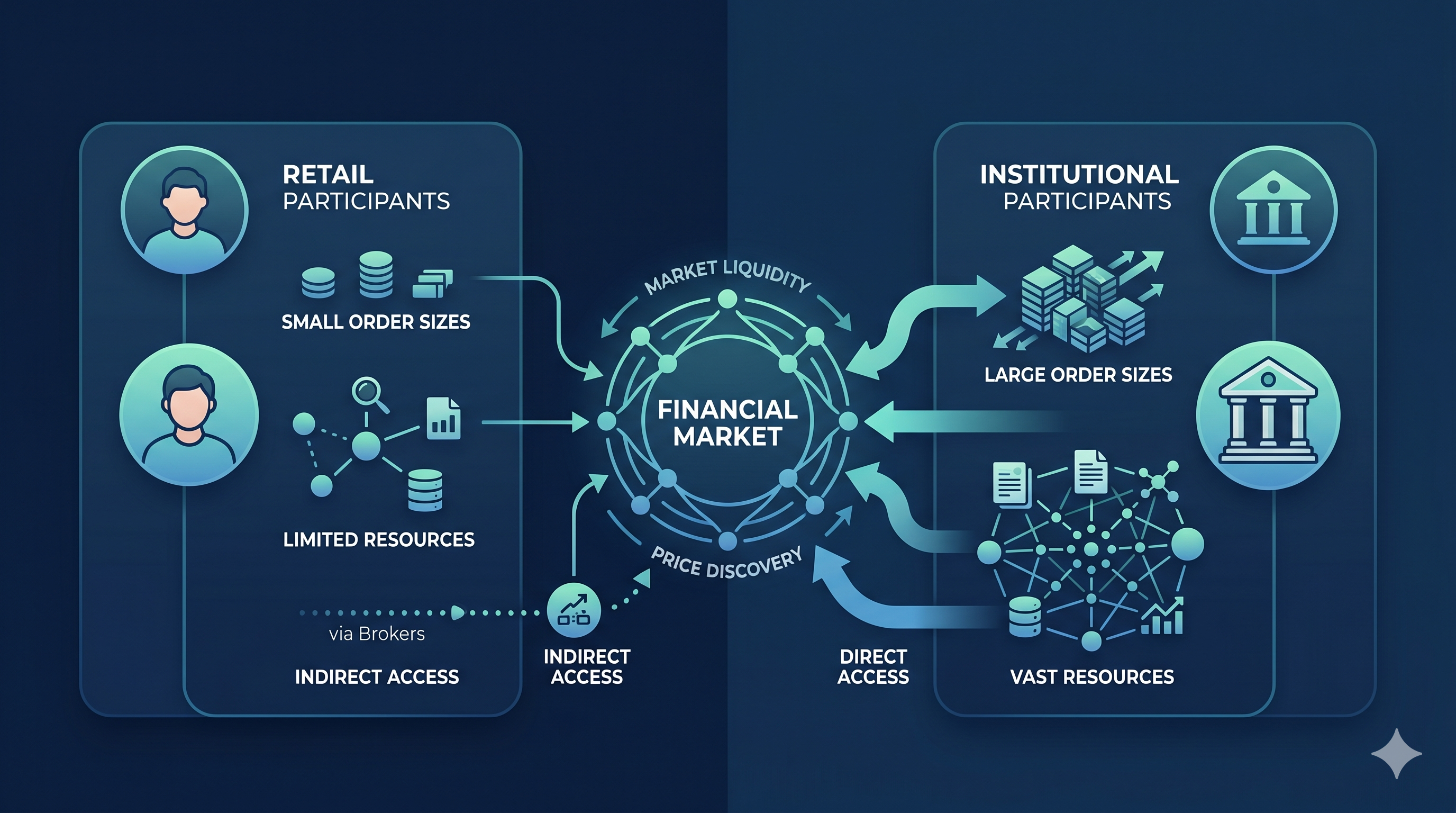 Diagram showing retail traders, institutions, market flows, charts, and interconnected financial market components