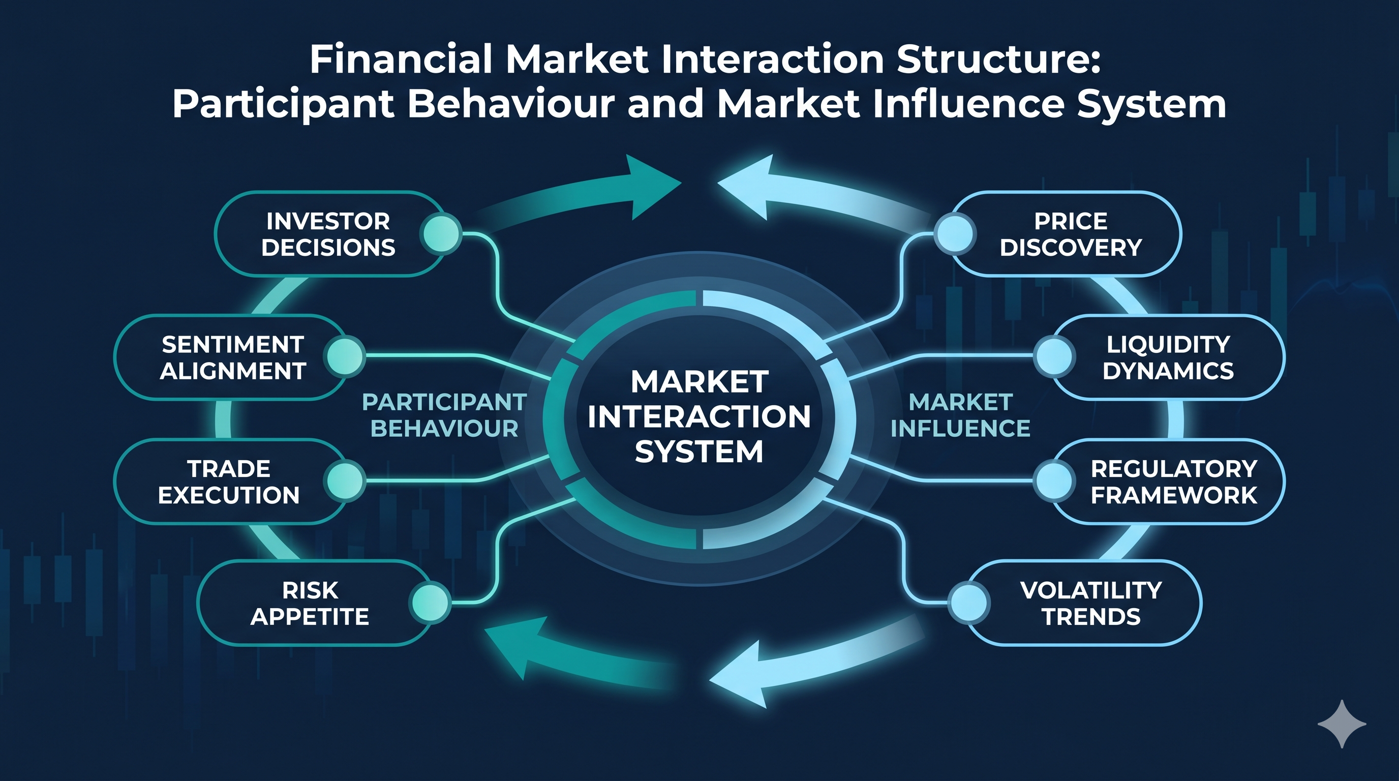 Multiple traders, charts, graphs, and price movement visuals connected within a financial market interaction diagram