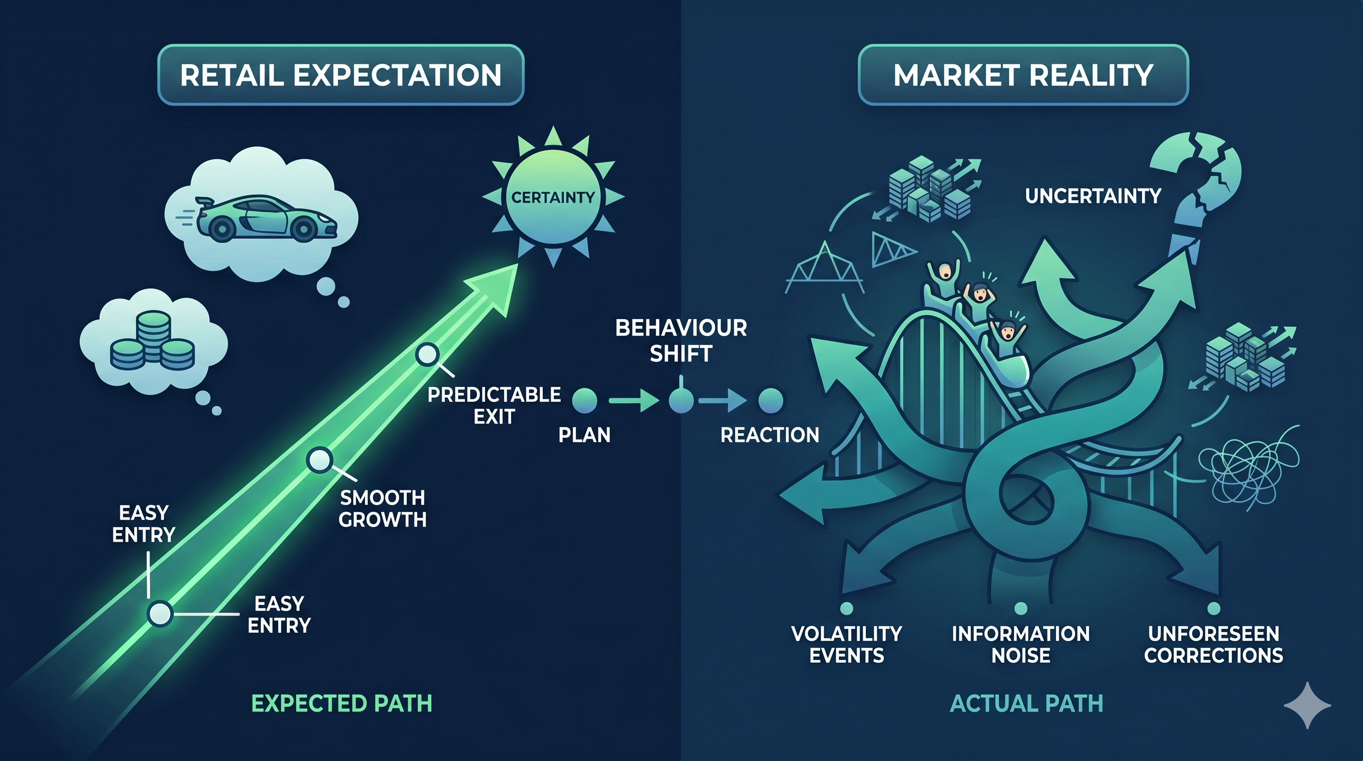 Trader comparing expected chart patterns with volatile price movement and changing market graphs on screens