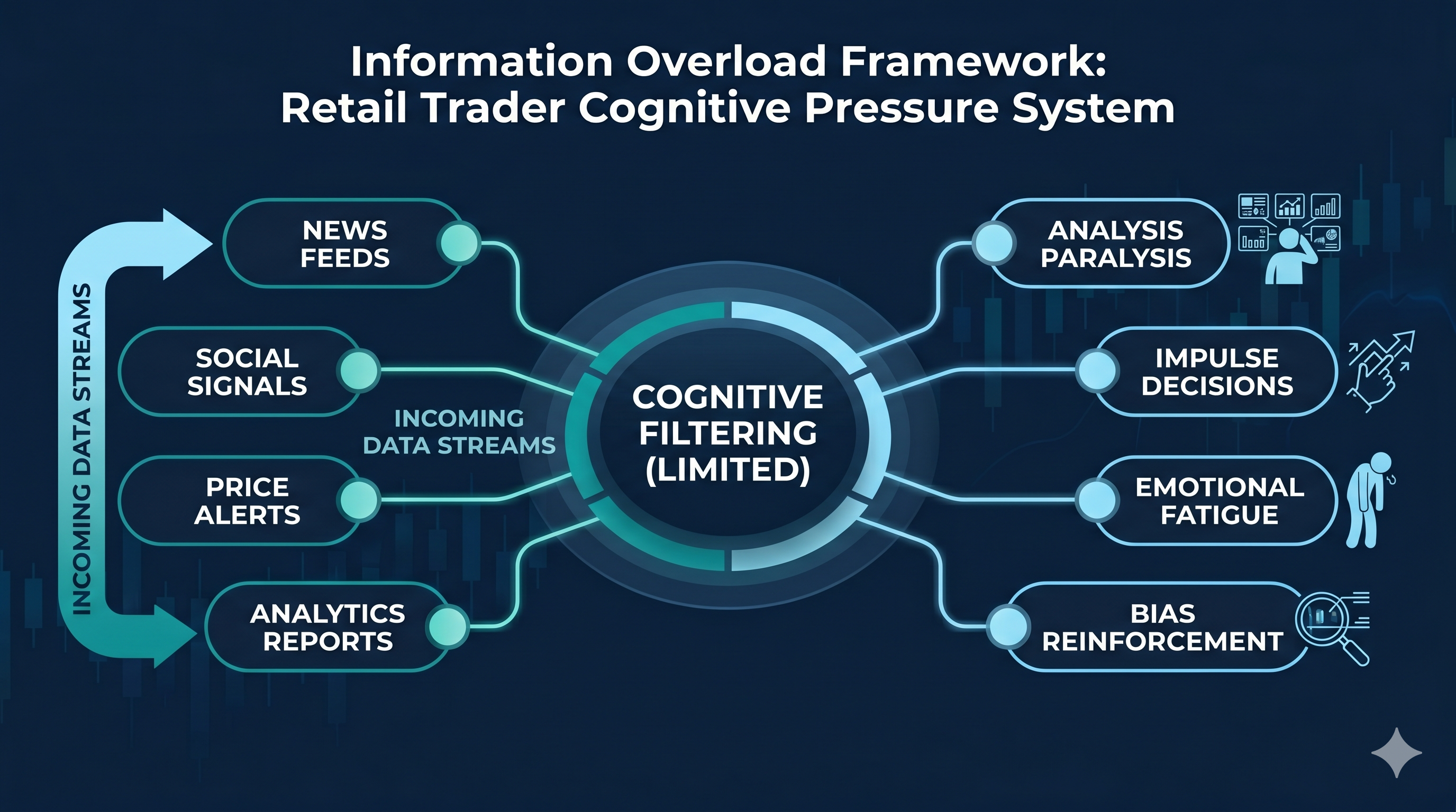 Trader surrounded by multiple charts, graphs, screens, and price movement data in a crowded information layout