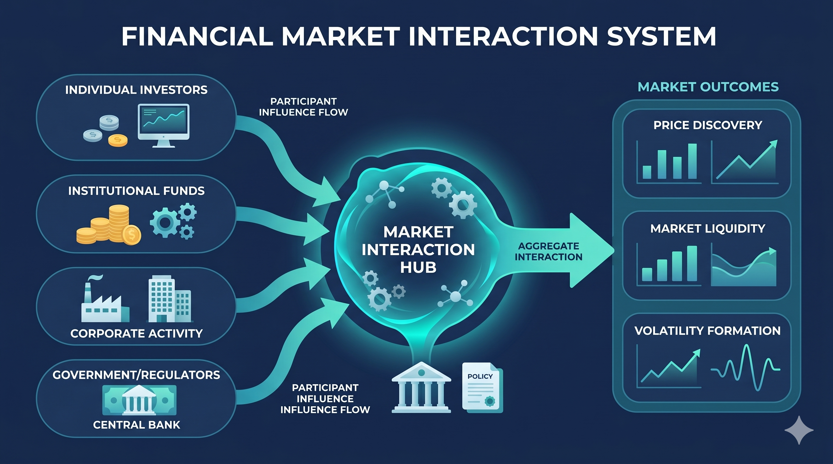 Multiple traders, charts, graphs, and price movement visuals connected through a market interaction diagram