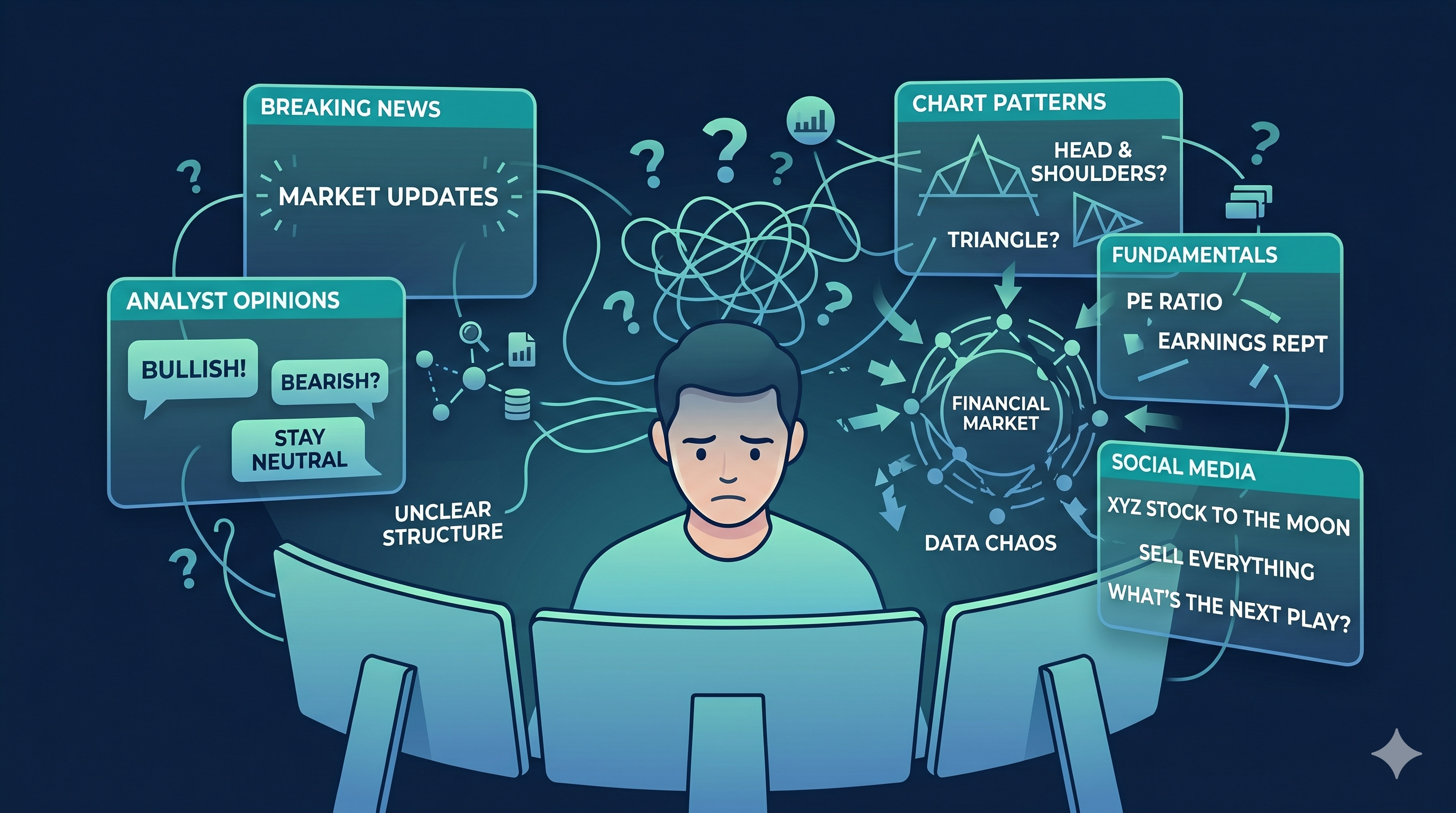 Trader surrounded by multiple charts, graphs, notifications, news feeds, and market data on digital screens
