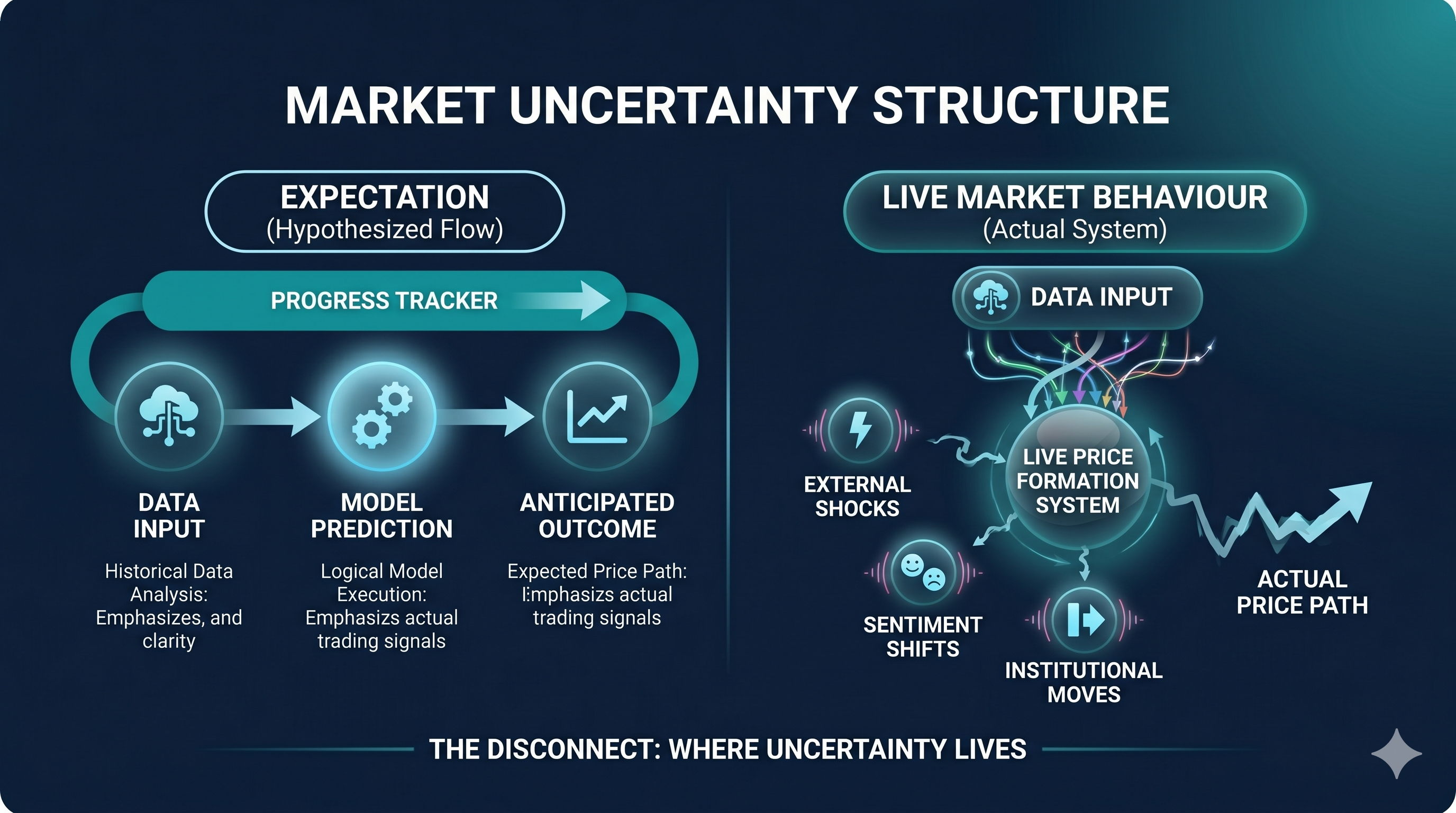Trader comparing expected chart patterns with fluctuating price graphs and changing market movement on screens