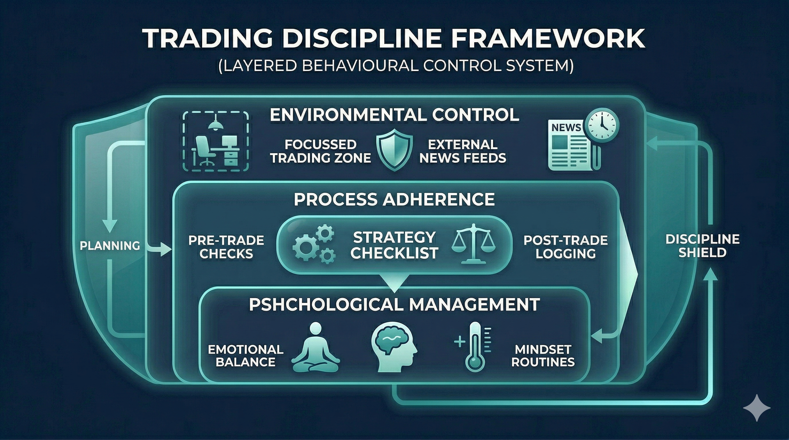 Diagram showing planning, checklist, emotional control icons, news, and process steps in a trading discipline framework
